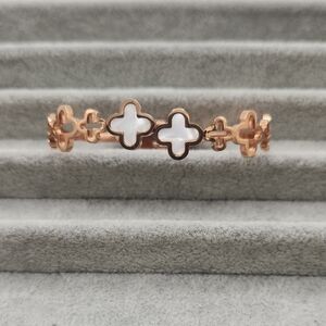 18k Rose Gold Plated Stainless Steel Top Open Clover Bangle, Pearlescent White